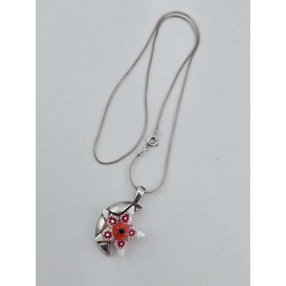 Vintage Venetian Millefiori Sterling Italy Star & Moon Pendant Necklace
